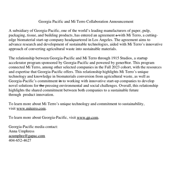 Georgia Pacific and Mi Terro Collaboration Announcement