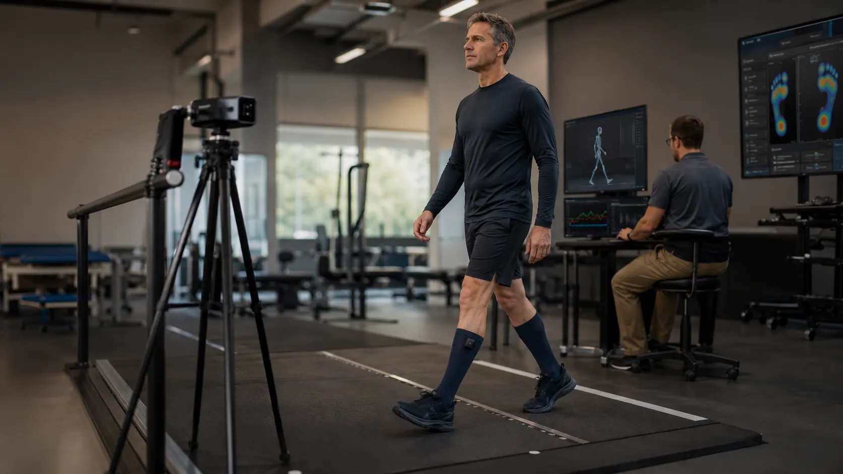 Gait analysis lab with foot pressure data displayed on a monitor