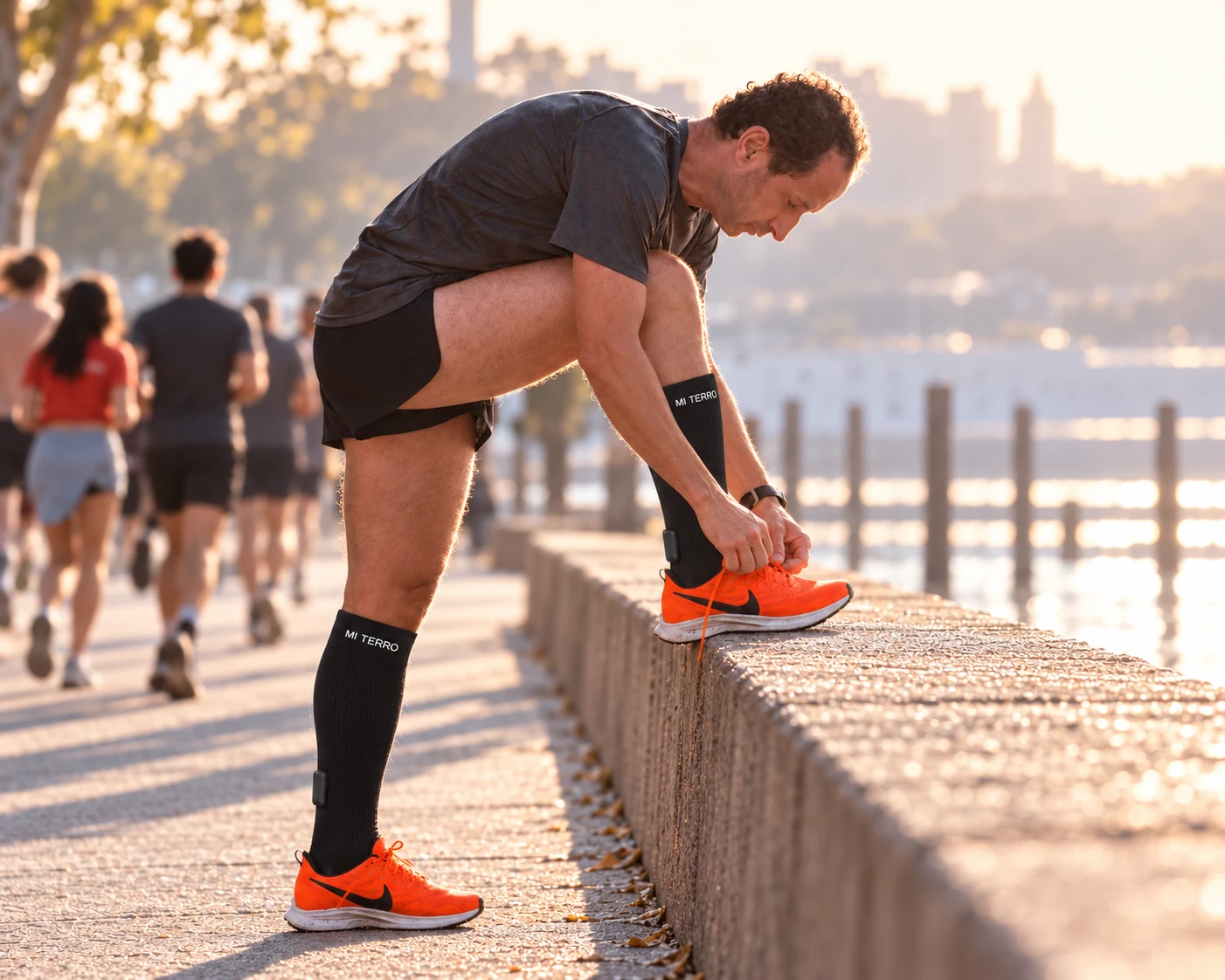 Outdoor training photograph with clearly visible black Mi Terro Smart Socks digitally visualized, matching branded cuffs and sealed rear Achilles modules