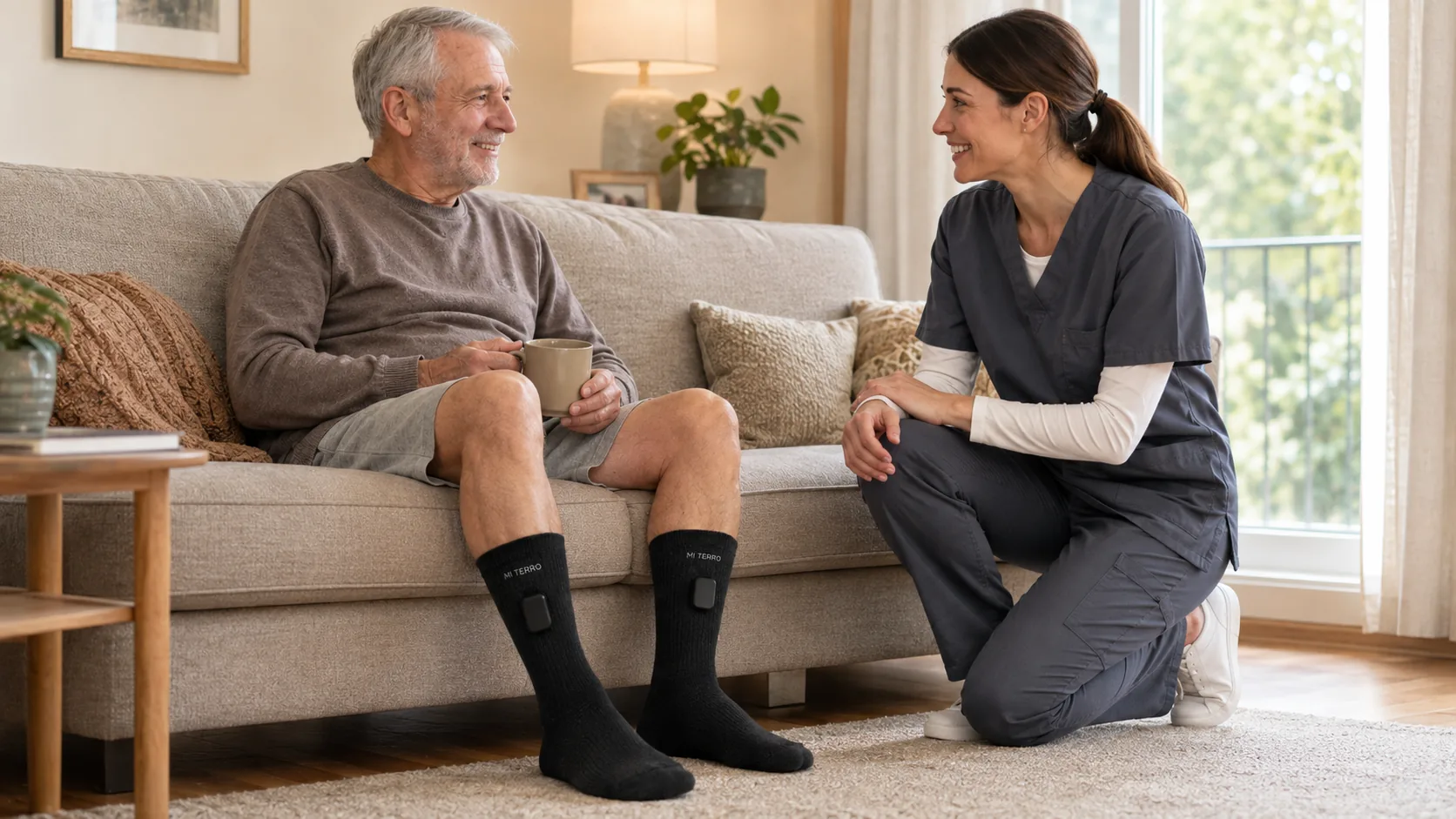 Older man wearing Mi Terro Smart Socks during a home care conversation