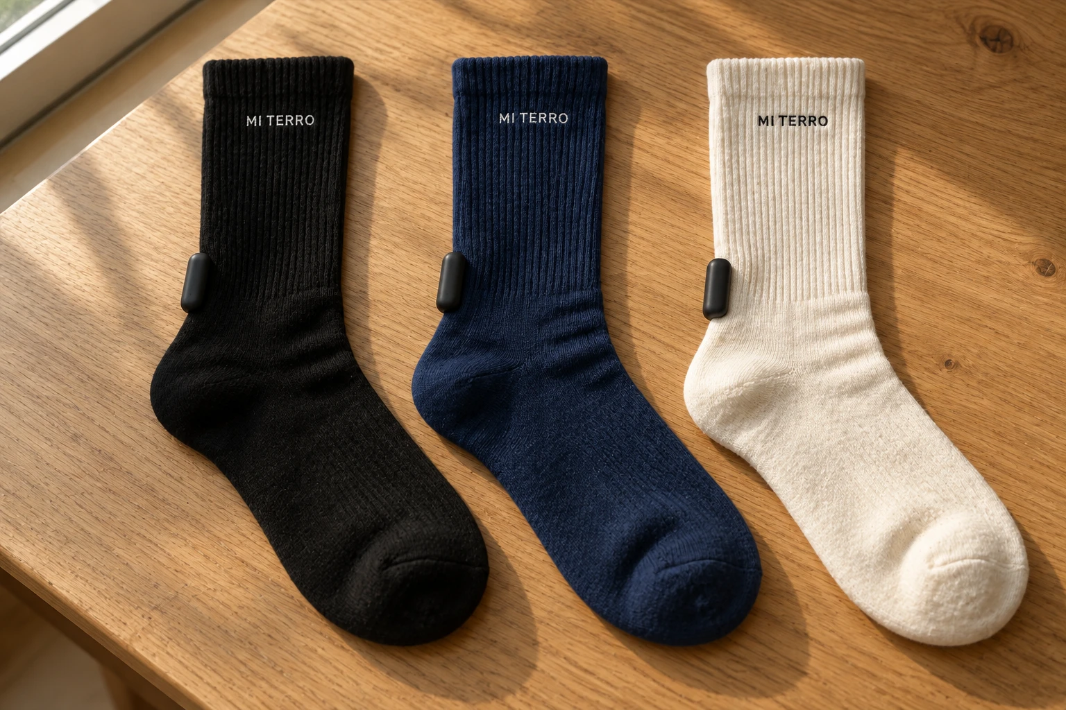 Color concepts showing black, navy, and cream Mi Terro Smart Socks with the same removable ankle module