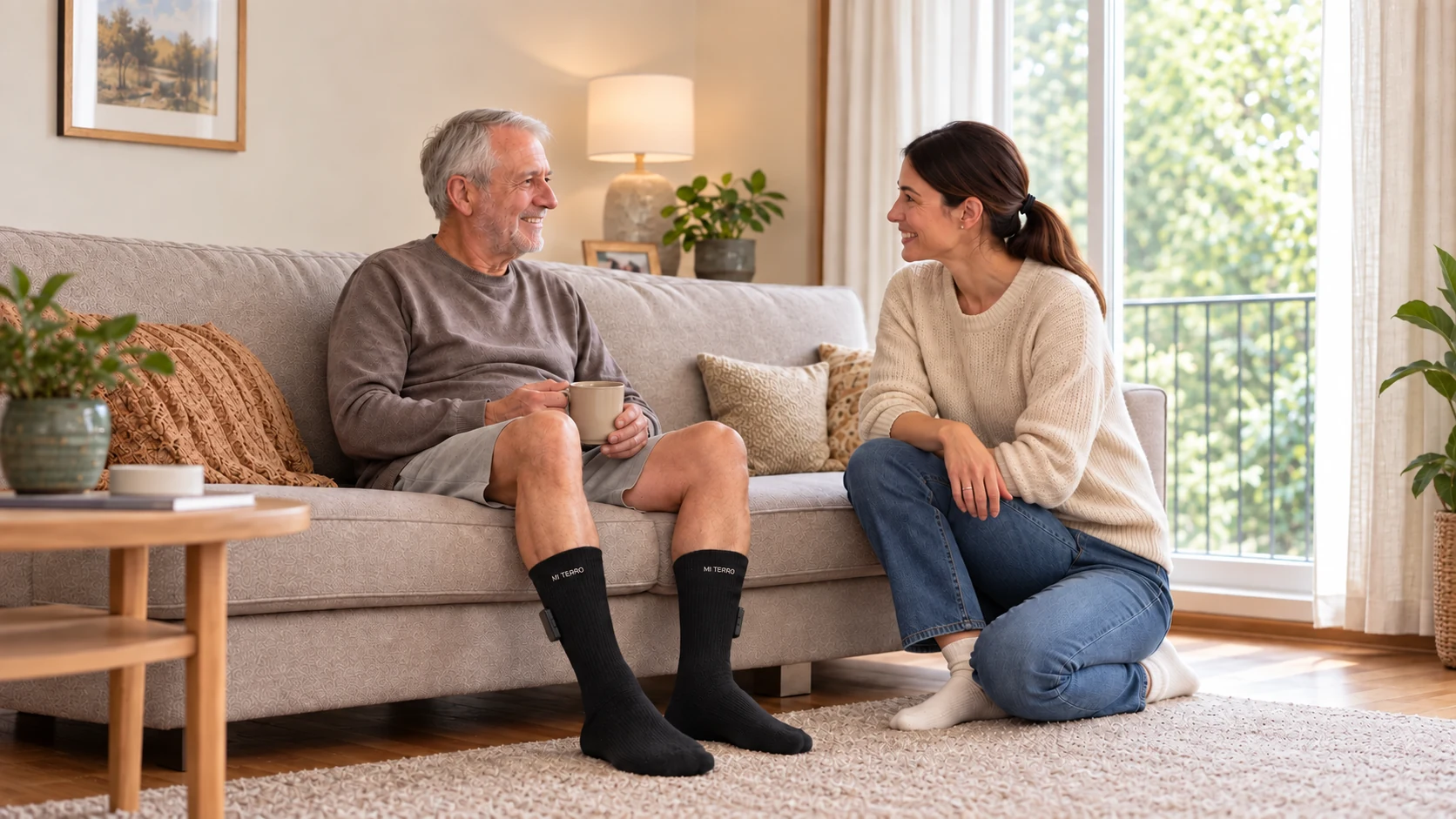 Older adult wearing Mi Terro Smart Socks at home with a family member
