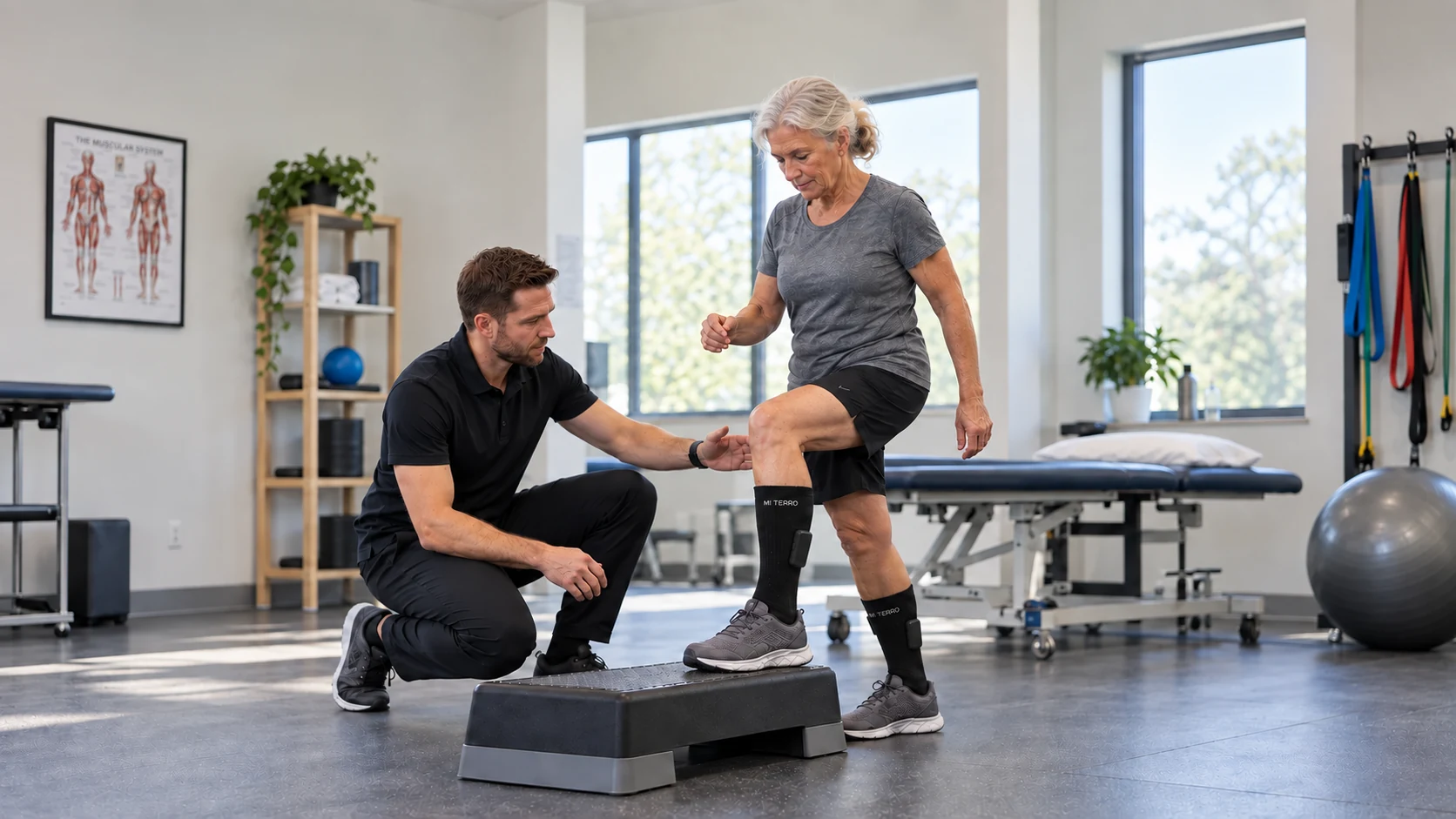 Older adult wearing Mi Terro Smart Socks during a guided step assessment