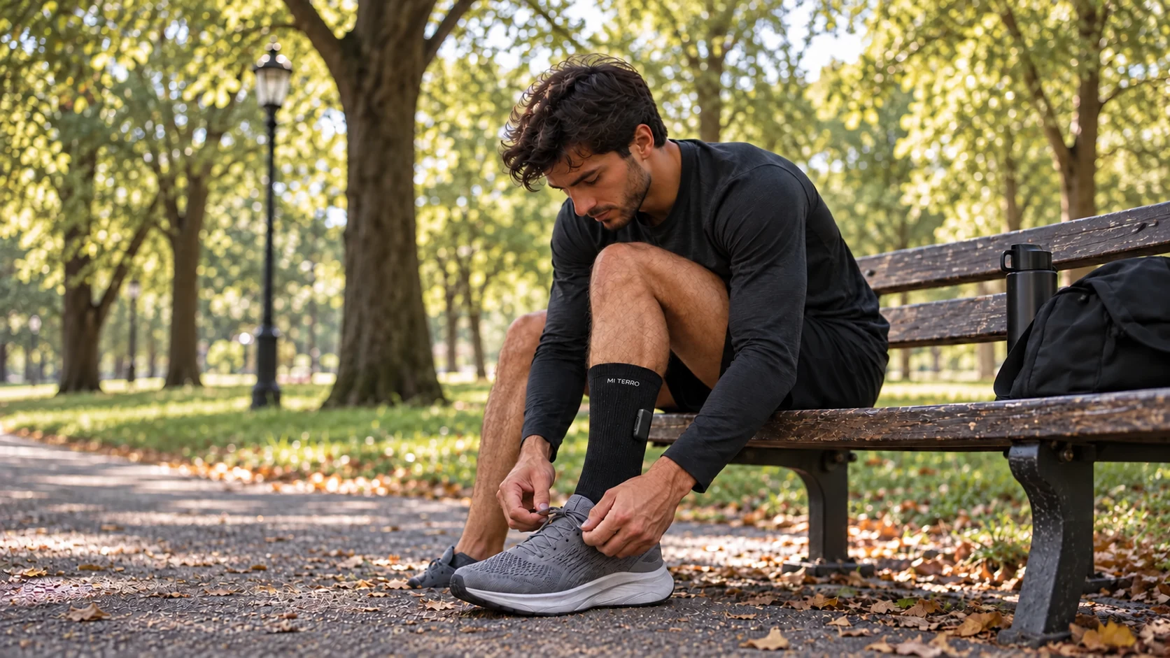 Runner preparing to train in Mi Terro Smart Socks