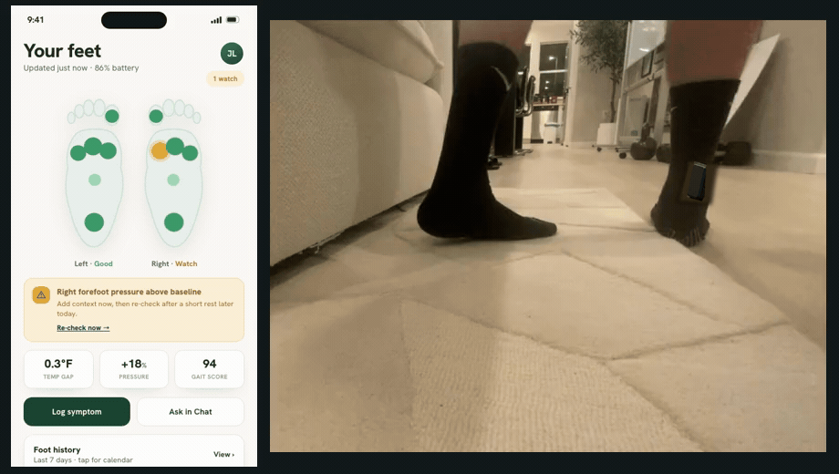 Walking in Mi Terro Smart Socks beside the app interface preview