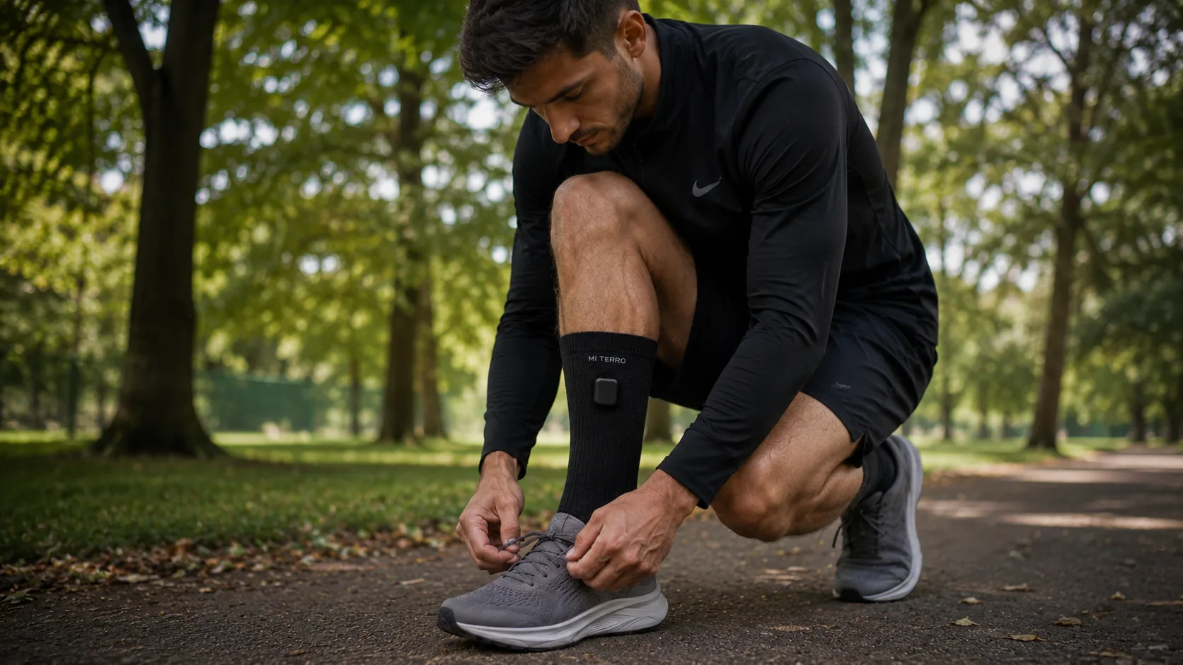 Runner tying a shoe while wearing Mi Terro Smart Socks before training