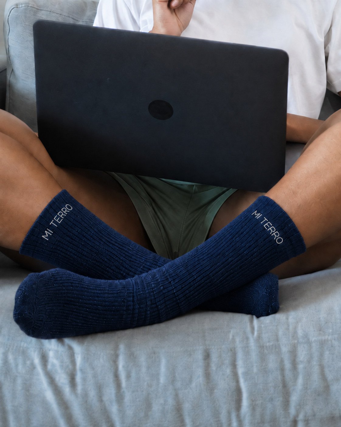 Navy Mi Terro socks worn at home